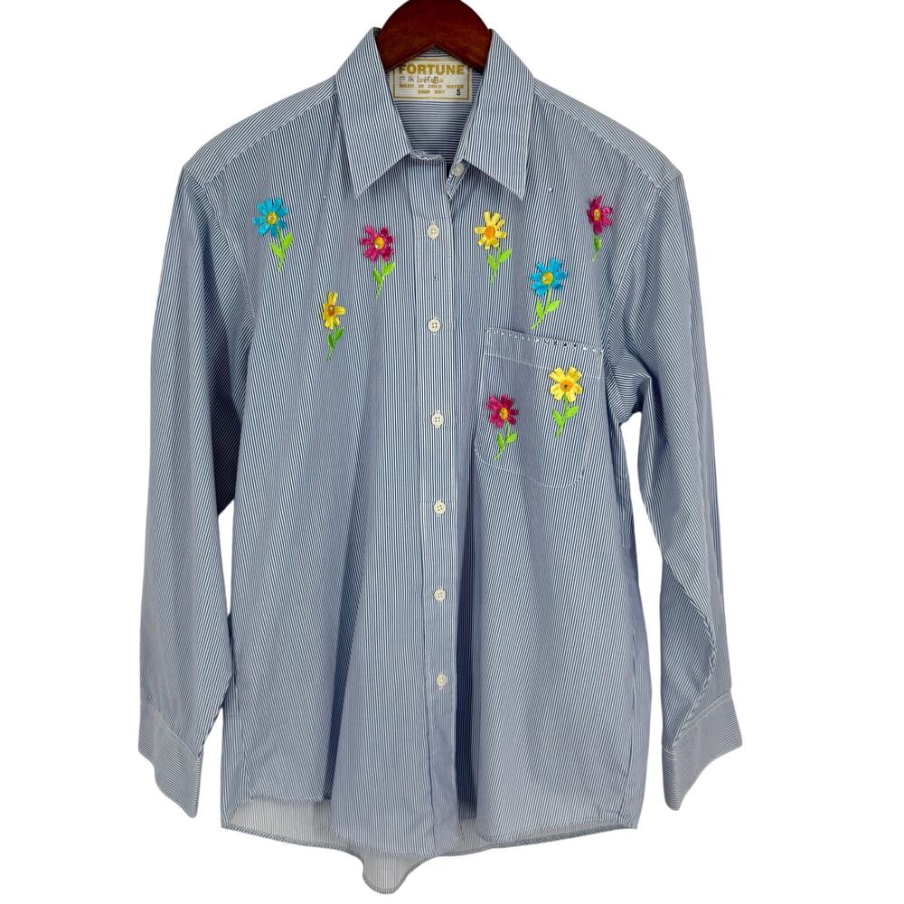 FORTUNE by Stan Sz Small Wearable Art Floral Blue Blouse Shirt Top Artsy Unique